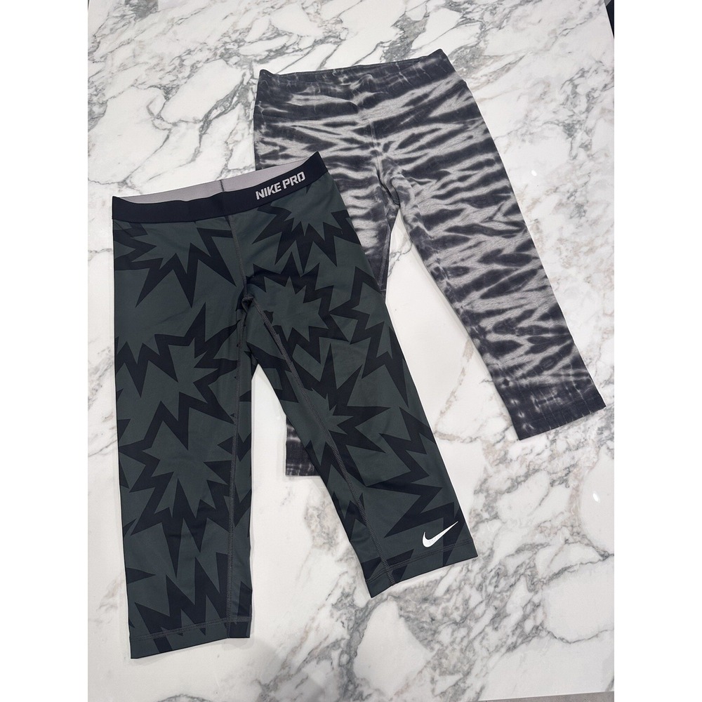 LOTof2 Nike PRO DriFit Capri Crop Running Leggings Size M Medium Grey Dark Green
